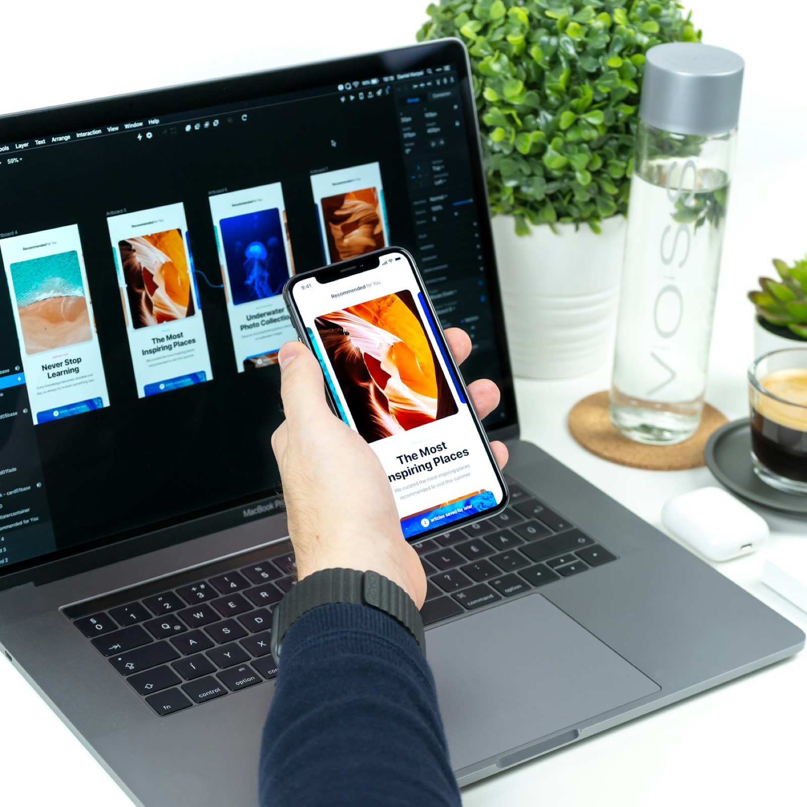Phone and laptop showing the same generic travel app — the sameness that makes agent design look like slop